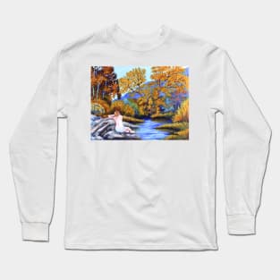 Woman girl on rocks relaxing watching the river flow zen yoga buddhism Long Sleeve T-Shirt